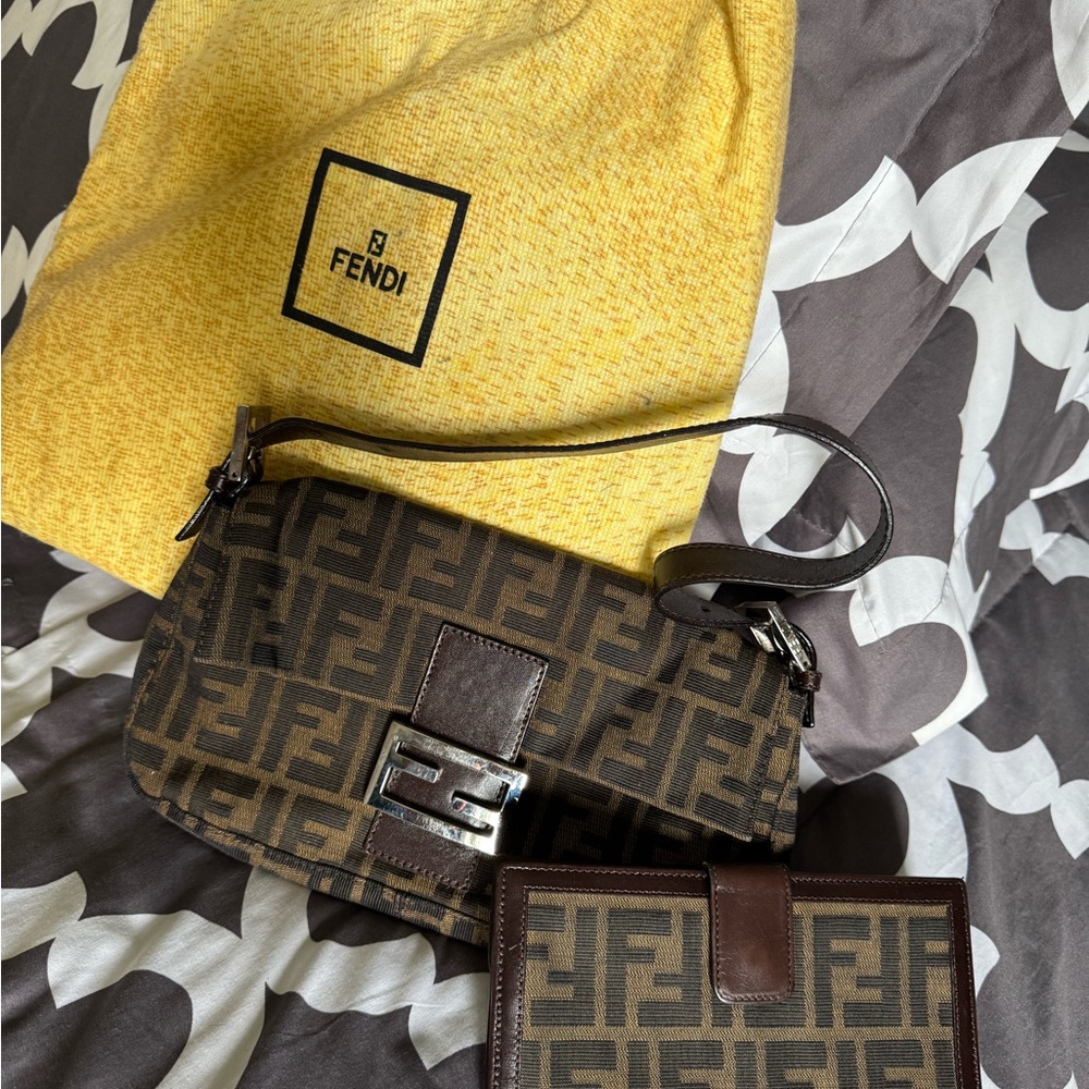 Fendi Brown and Tan Monogram Bag and Wallet Set